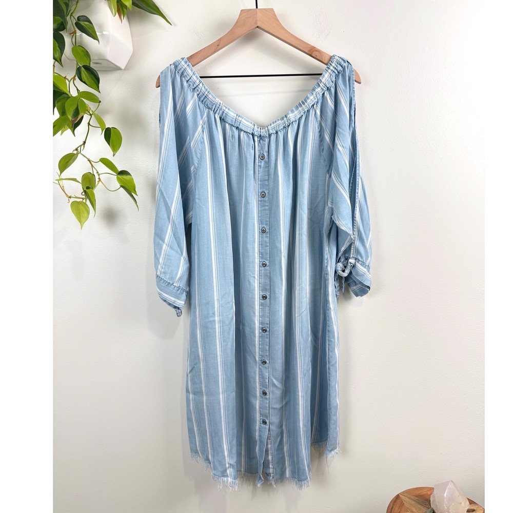 Standard Grace Blue White Lyocell Off Shoulder Shift Dress XL Boho Coastal Beach - Picture 2 of 9